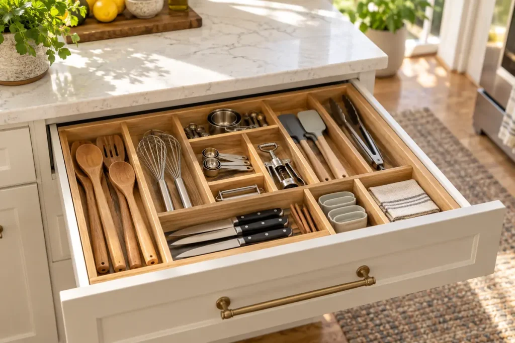 Open kitchen drawer with organized utensils