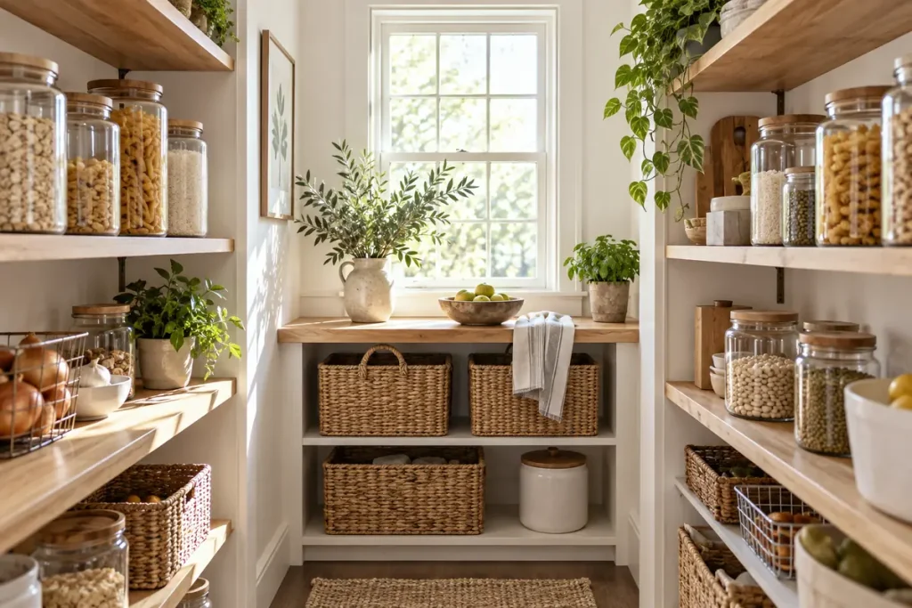Organized pantry shelves with clear jars