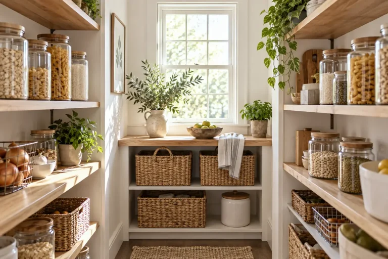 Organized pantry shelves with clear jars