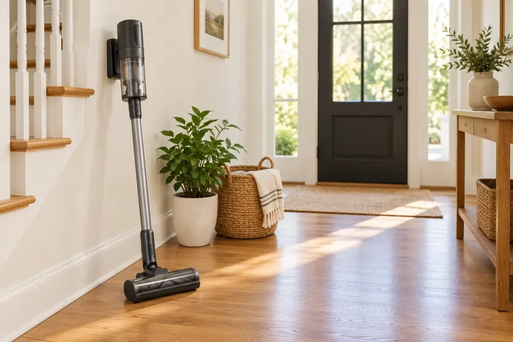 Cordless vacuum in a sunlit entryway