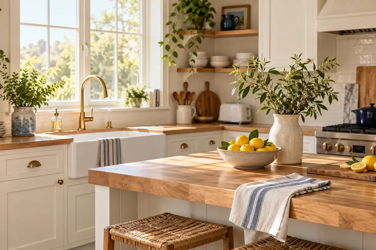 Sunlit practical kitchen