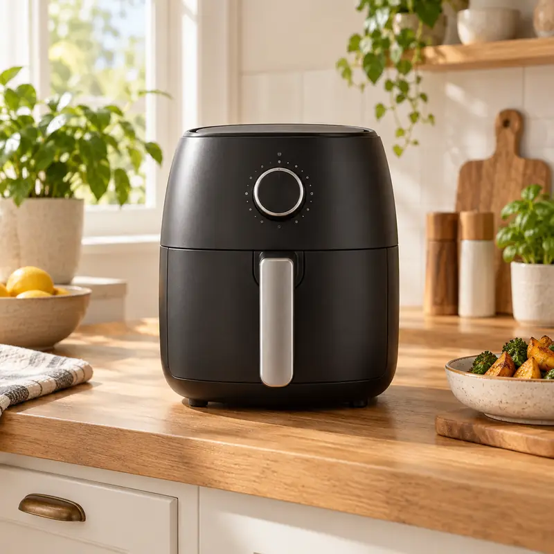 Illustrative compact air fryer on a kitchen counter
