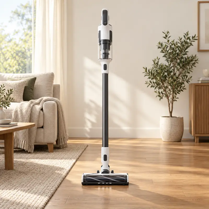 Illustrative cordless vacuum in a living room
