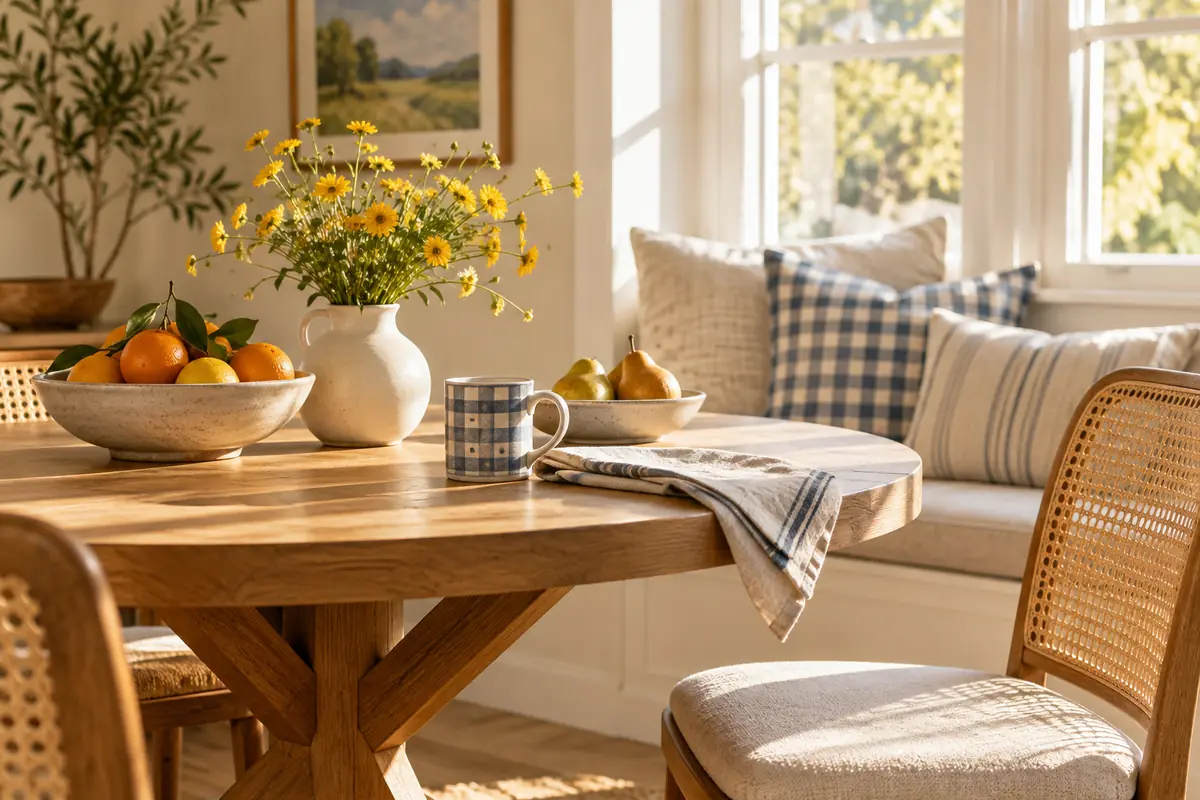 Warm breakfast table with flowers